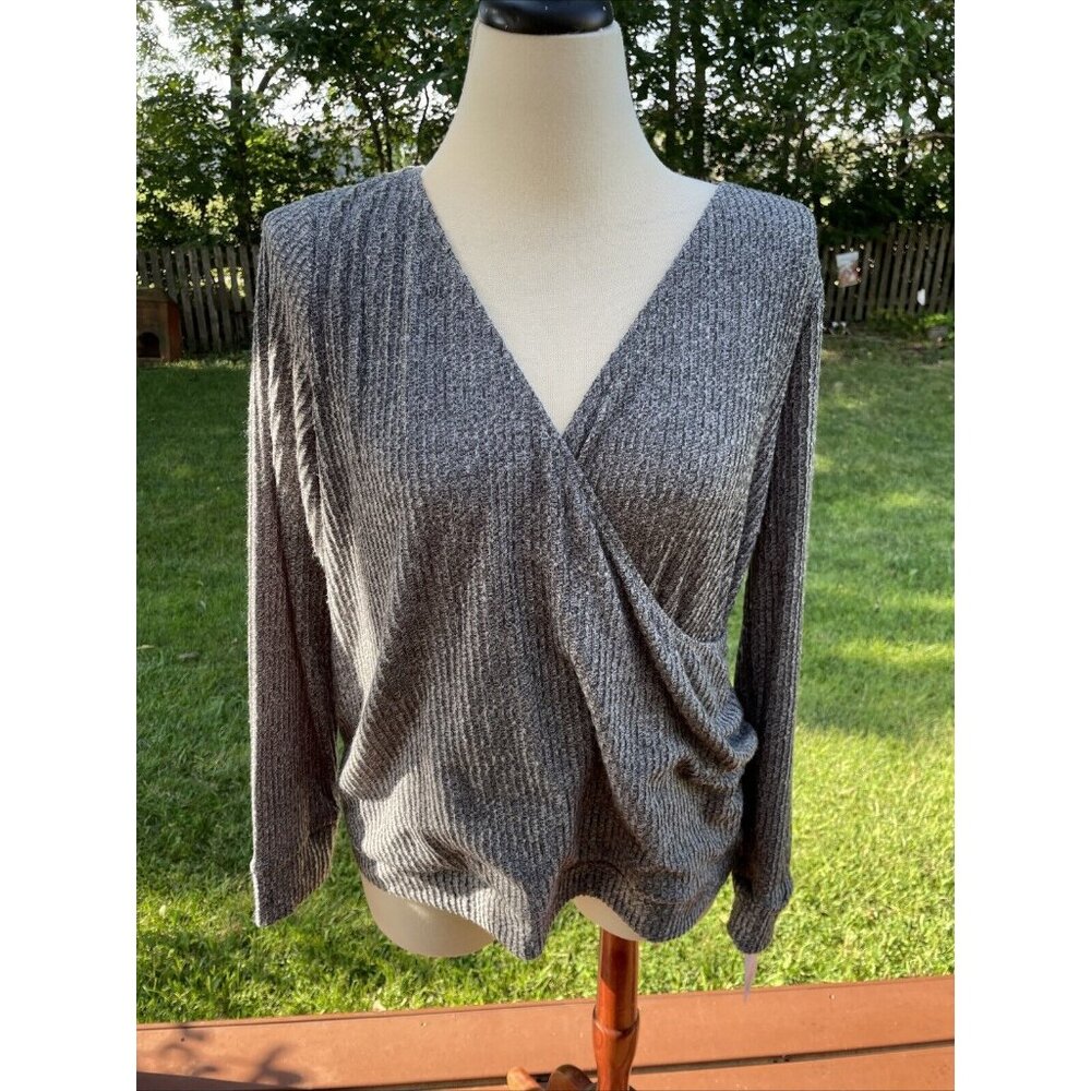 Maternity Gray Ribbed Long-Sleeve Wrap Pullover Sweater Size Medium